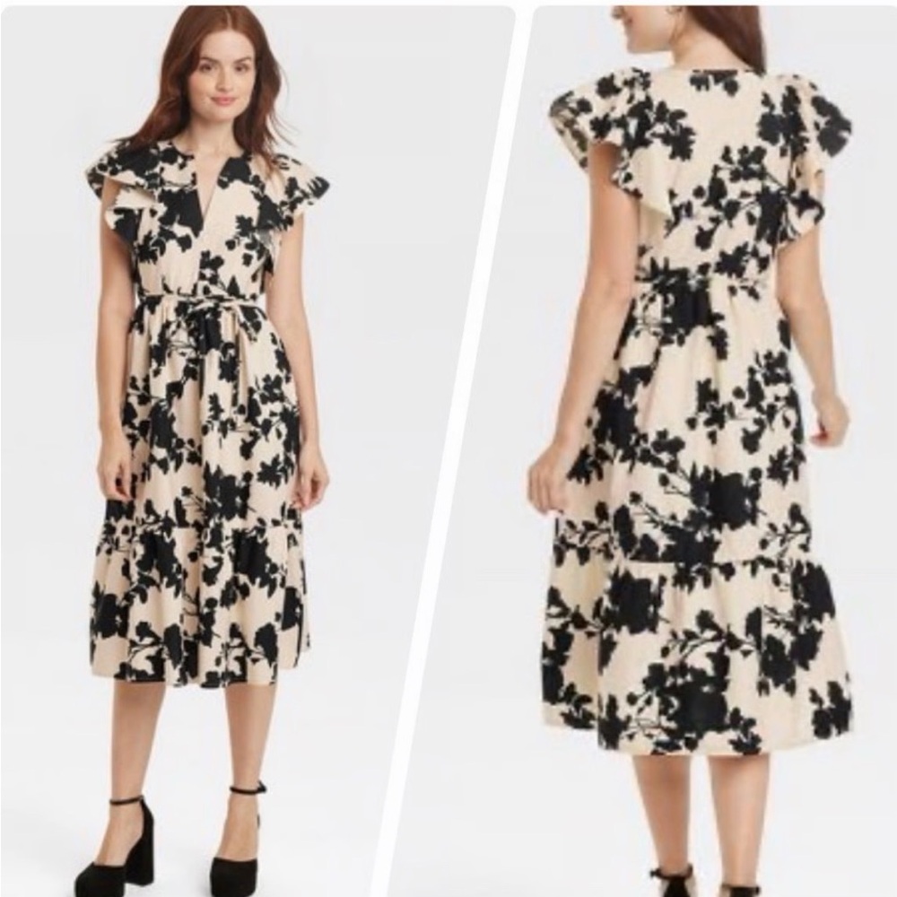 a new day Flutter Sleeve Black and Cream Midi Dress - Picture 7 of 8